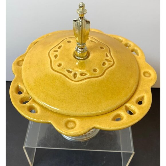 Mid Century Modern California Pottery Pedestal Dish With Lid, Yellow - #323 MCM - Picture 2 of 5